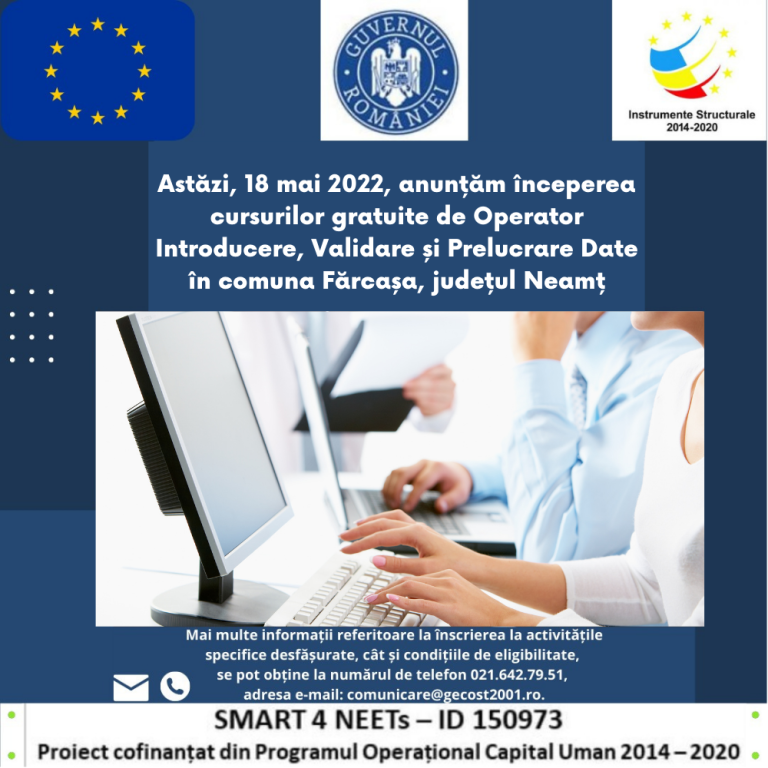 Începe cursul gratuit de competențe digitale pentru locuitorii din zona Fărcașa, Neamț – Proiect „SMART 4 NEETs”