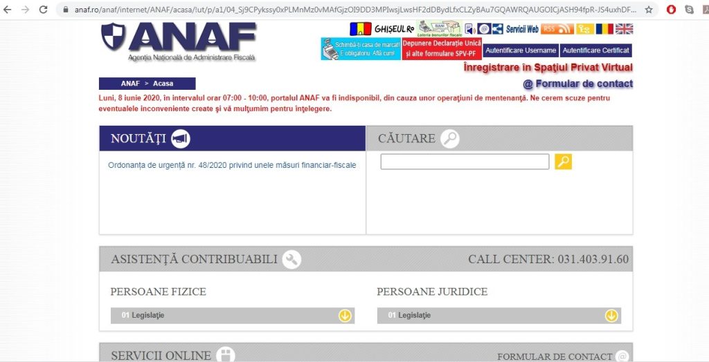Portalul ANAF (www.anaf.ro) va fi indisponibil pe 8 iunie, timp de 3 ore