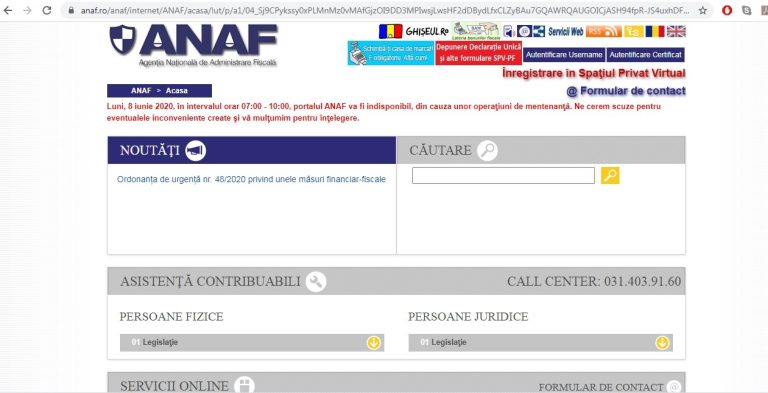 Portalul ANAF (www.anaf.ro) va fi indisponibil pe 8 iunie, timp de 3 ore