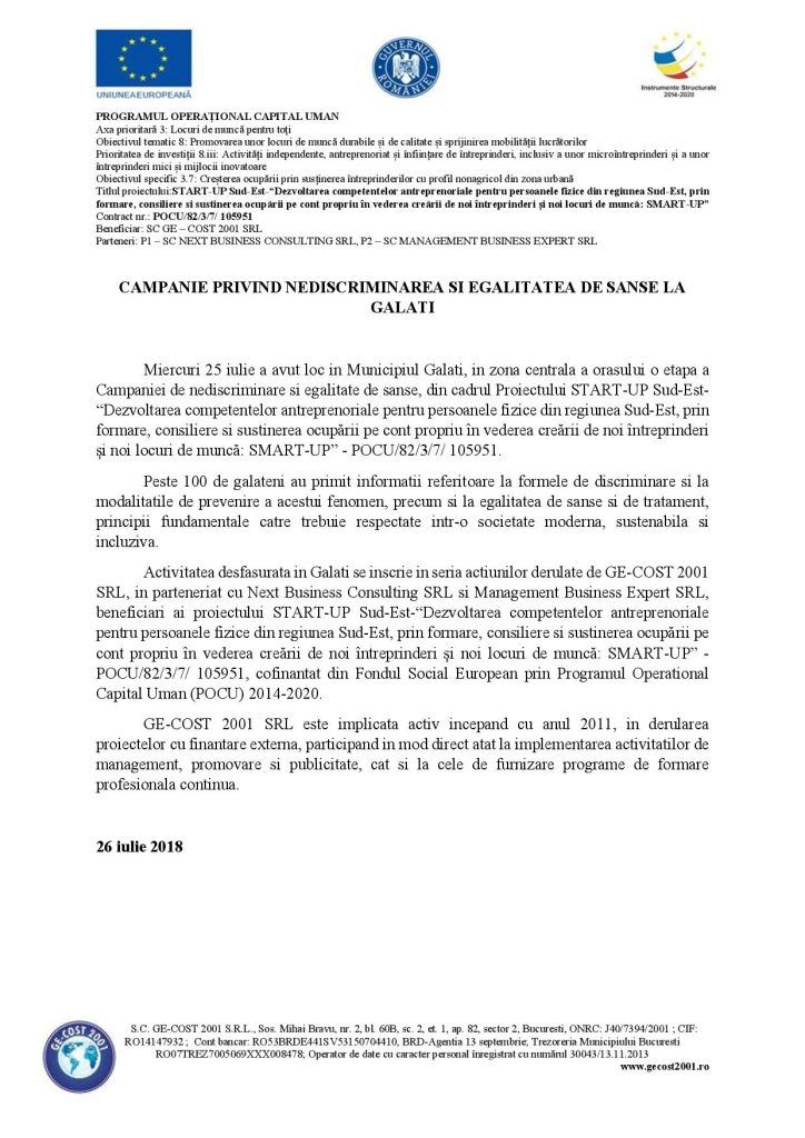 CAMPANIE PRIVIND NEDISCRIMINAREA ȘI EGALITATEA DE ȘANSE LA GALAȚI