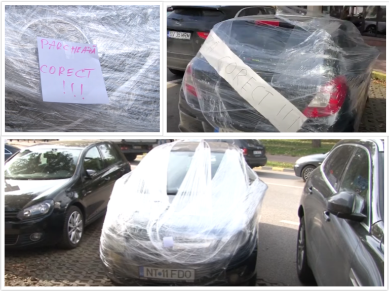 ”Parchează corect” este mesajul de pe o mașină înfășurată în totalitate cu folie, din Suceava