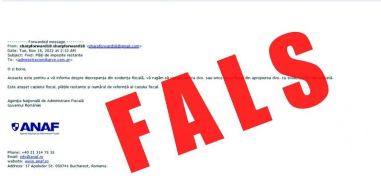 Mesaje false în numele ANAF: „Nu le deschideți! Nu accesați documentele anexate sau link-urile din conținut”