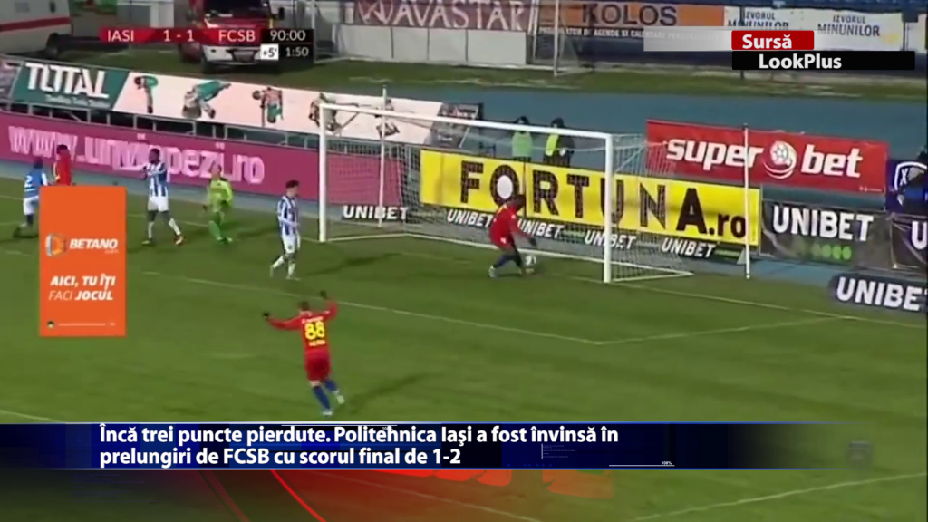 Inca trei puncte pierdute. Politehnica Iasi a fost invinsa in prelungiri de FCSB cu scorul final de 1-2