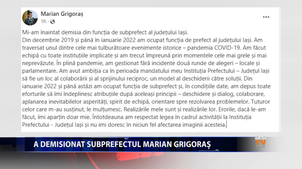 A DEMISIONAT SUBPREFECTUL MARIAN GRIGORAȘ