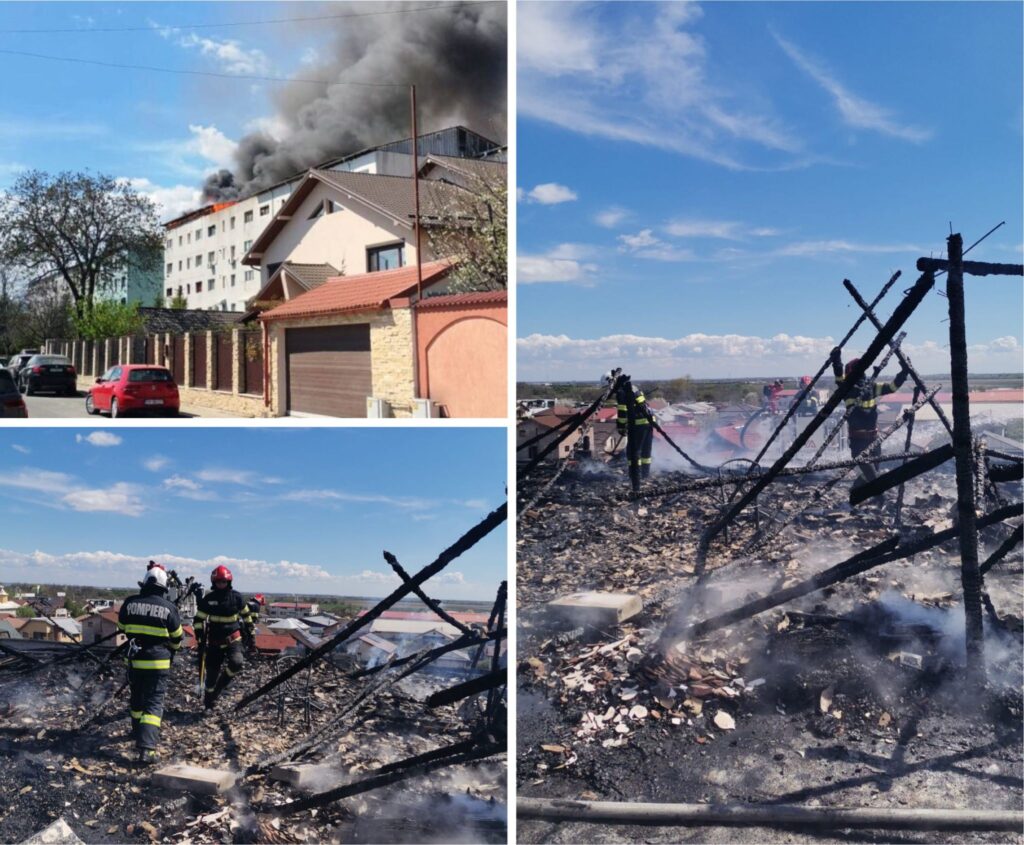 FOTO/VIDEO. Incendiu la acoperișul unui bloc din Focșani. 16 persoane evacuate