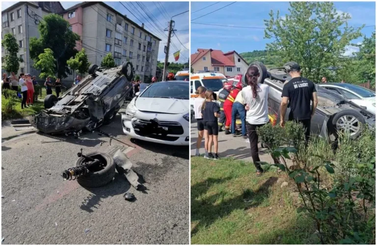 O maşină s-a răsturnat şi s-a făcut bucăţi după un impact violent cu un Citroen. Nouă persoane au ajuns la spital