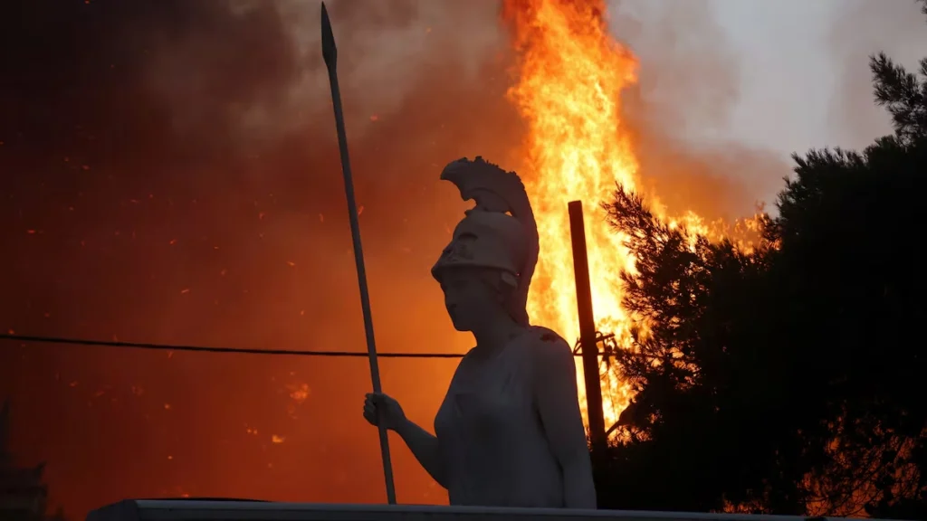 Incendiu devastator aproape de Atena: sute de pompieri se luptă împotriva flăcărilor, zeci de mii de persoane evacuate