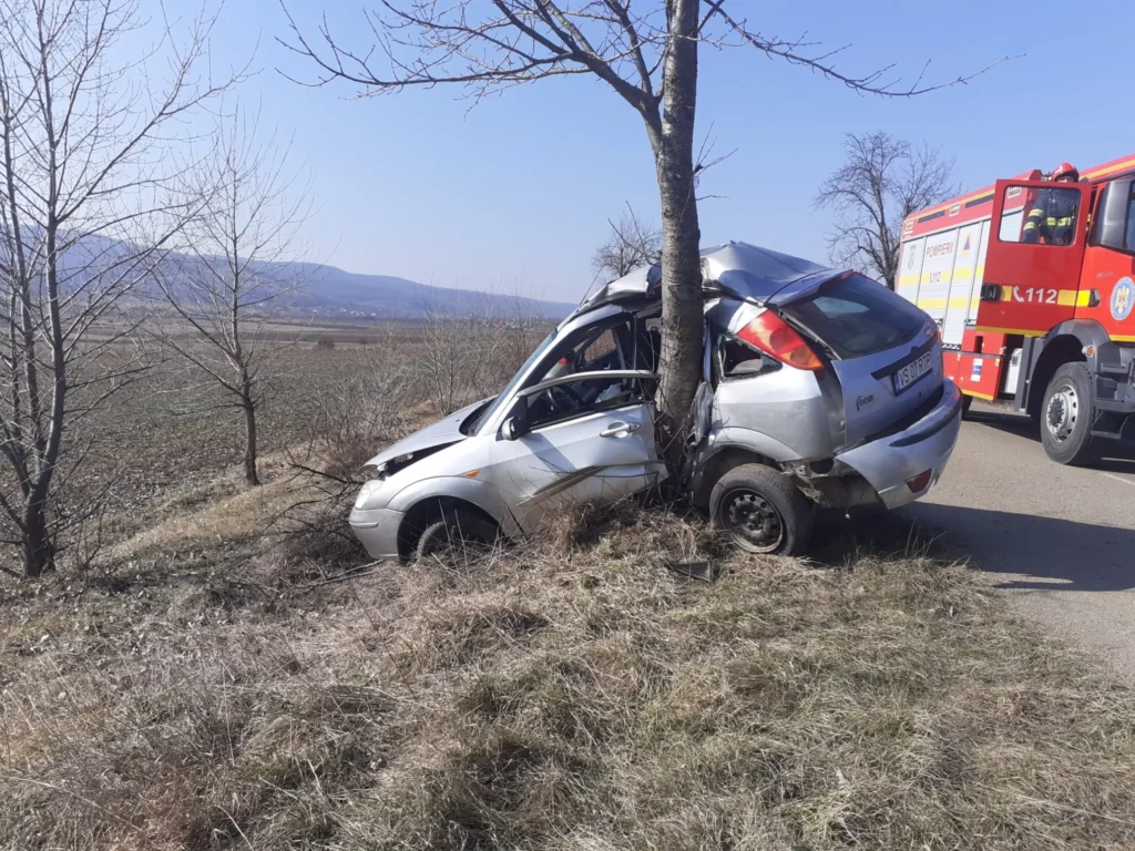 VIDEO. Accident rutier grav: Mașină distrusă și șofer rănit după impactul cu un copac