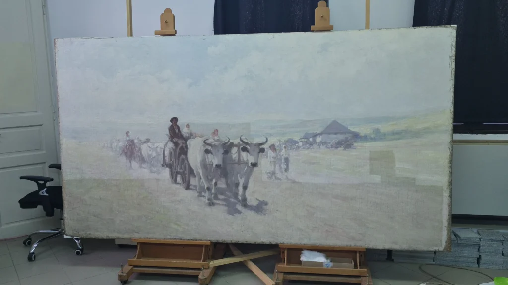 „Car cu boi” de Nicolae Grigorescu, restaurată la Palatul Culturii din Iași, își recapătă strălucirea