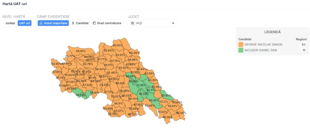 Harta alegerilor din județul Iași: victorie clară pentru Nicușor Dan în urban, luptă echilibrată în rural