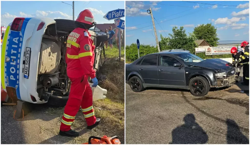 Misiune cu peripeții: Mașină de poliție răsturnată în Neamț, doi agenți răniți