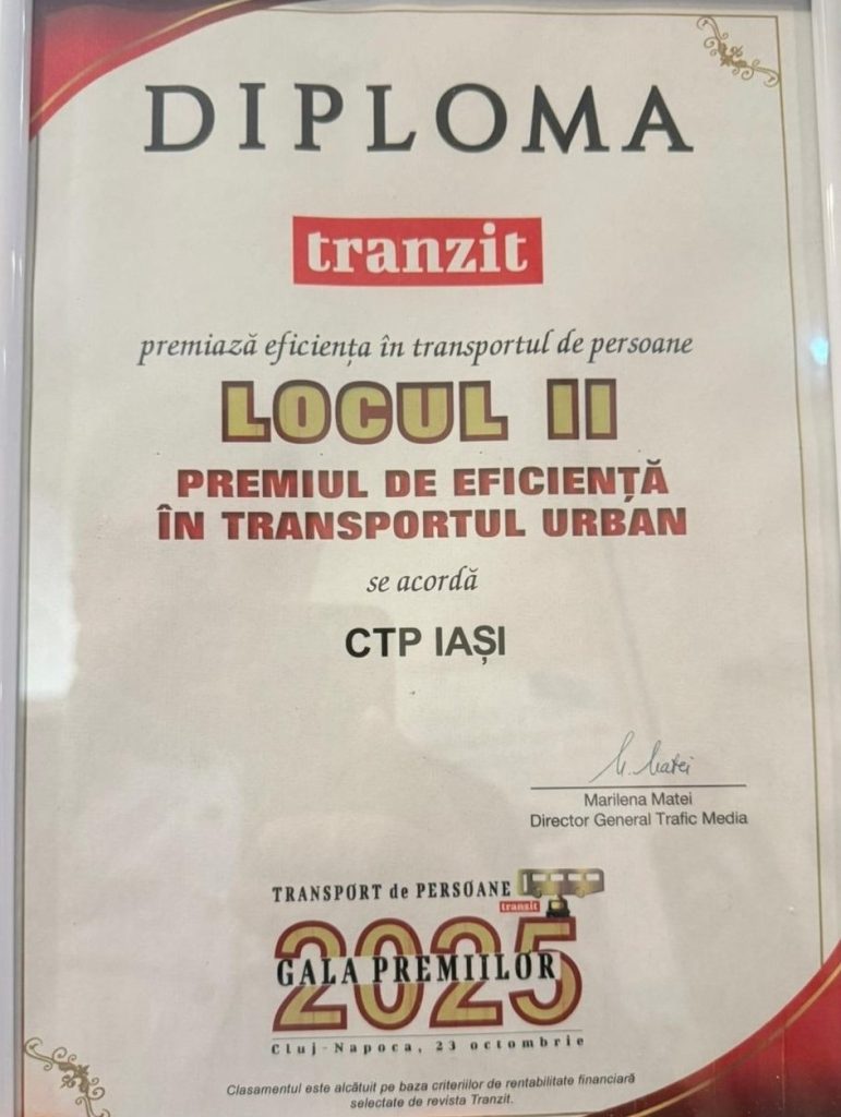 CTP Iași – Locul II la nivel național pentru Eficiență în Transportul Urban la Gala Tranzit 2025