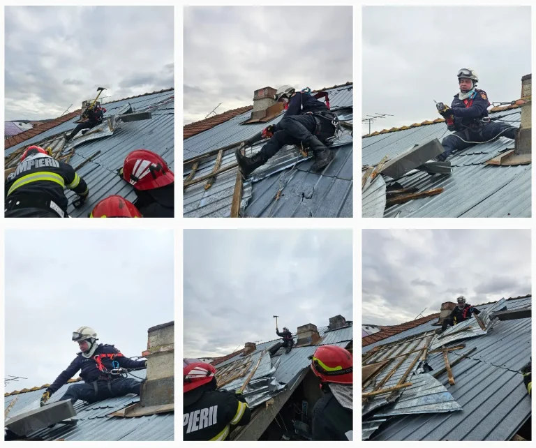 Pericol la Tomești: Vântul puternic a smuls acoperișul unui bloc. Pompierii au intervenit pentru a preveni o tragedie