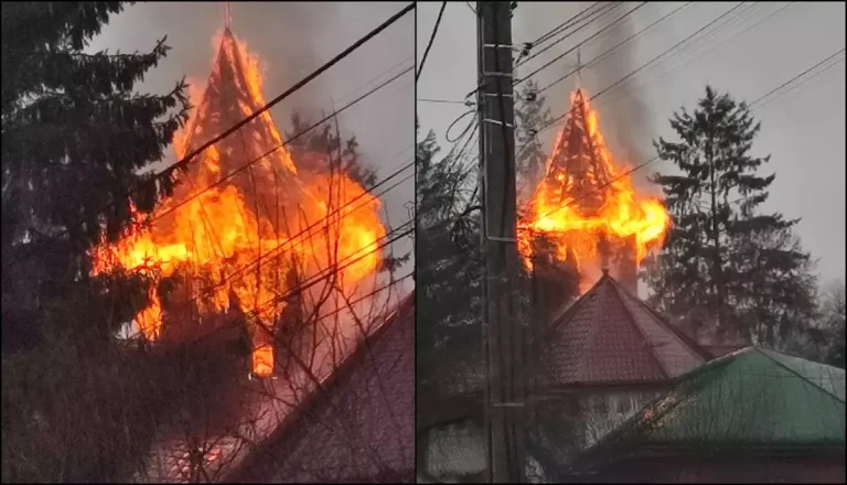 Incendiu violent la biserica din Luncani. Focul a cuprins turla și s-a extins rapid