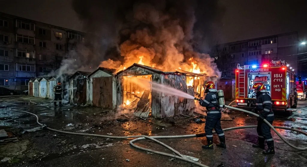 Incendiu la garaje în municipiul Iași. Pompierii au acționat pentru lichidarea focarelor și protejarea clădirilor învecinate